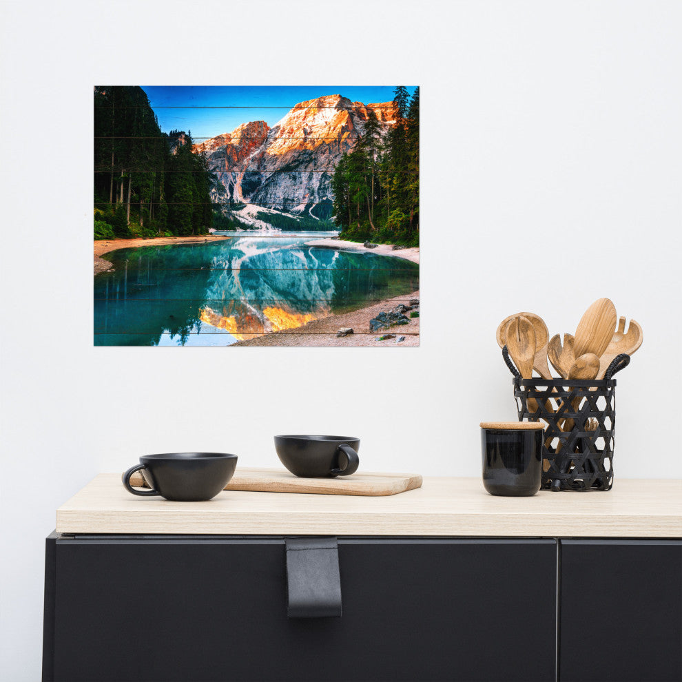 Faux Wood Misty Lake and Snow-cap Mountain Reflections Unframed Wall Art Prints, 16" X 20"
