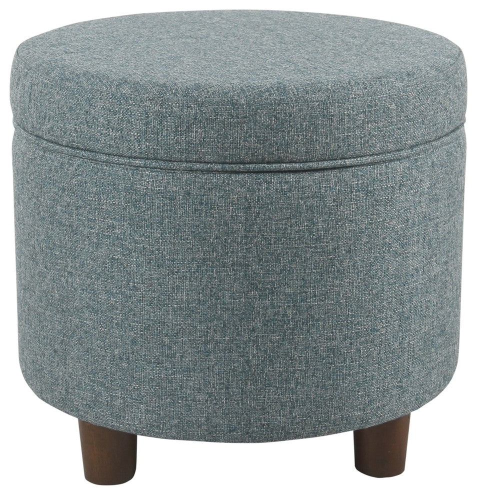 Benzara BM194127 Fabric Round Wood Ottoman with Lift Off Lid Storage, Teal Blue