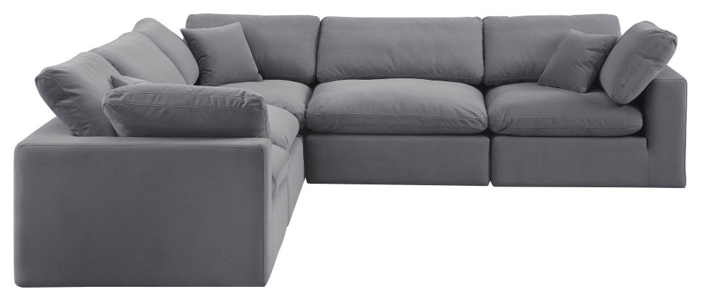 Comfy Upholstered L-Shaped Modular Sectional, Grey, 5-Piece: 2 Armless Chair, 3 Corner Chair, Velvet