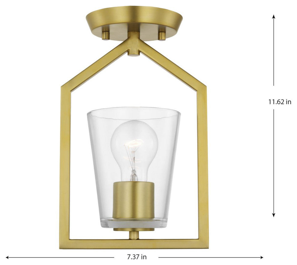Vertex Collection One-Light Brushed Gold Clear Glass Semi-Flush Mount