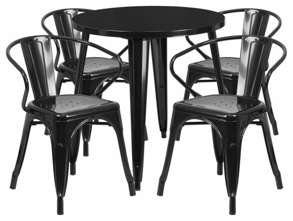 30'' Round Black Metal Indoor-Outdoor Table Set With 4 Arm Chairs