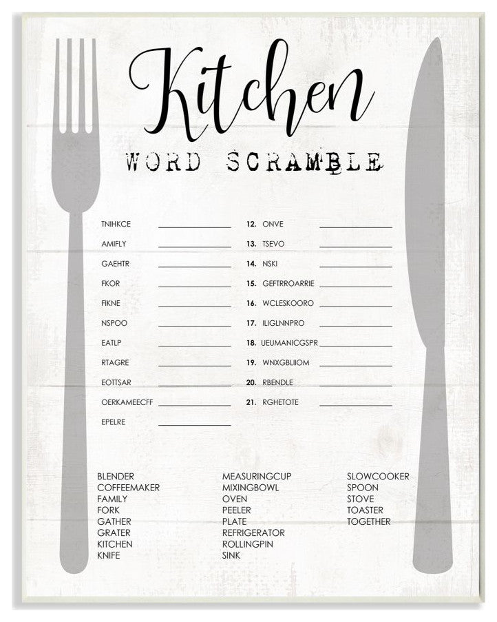 Stupell Industries Kitchen Word Scramble Fun Family Word Design, 13"x19", Wood