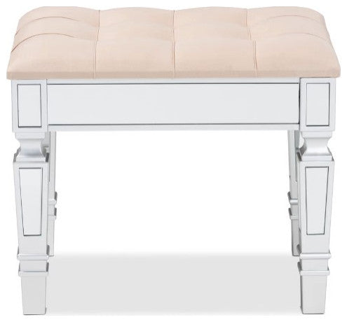 Modern Glam and Luxe Beige Fabric Upholestred Silver Finished Wood Ottoman
