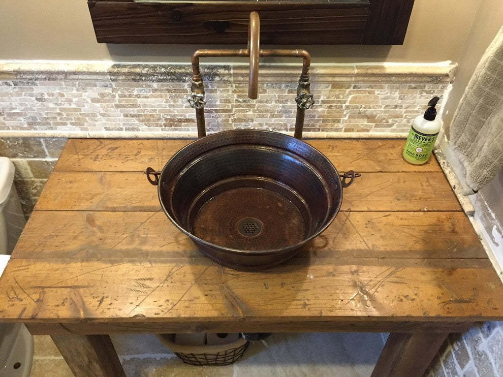 Rustic Copper Vessel BUCKET Bathroom Sink 19-Hole Grid Drain Included