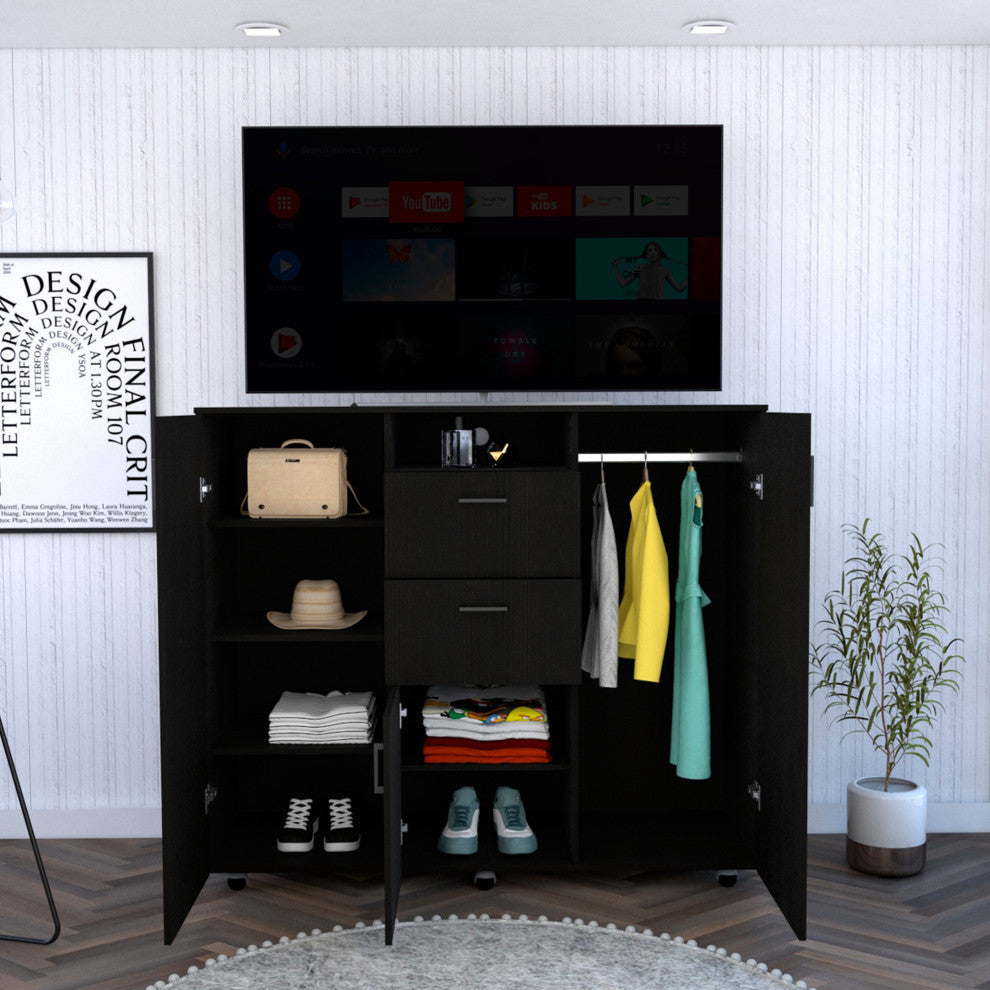 Sicilia Cabinet Dresser with 2 Drawers, Open Shelf, Rod, and 4 Casters, Black