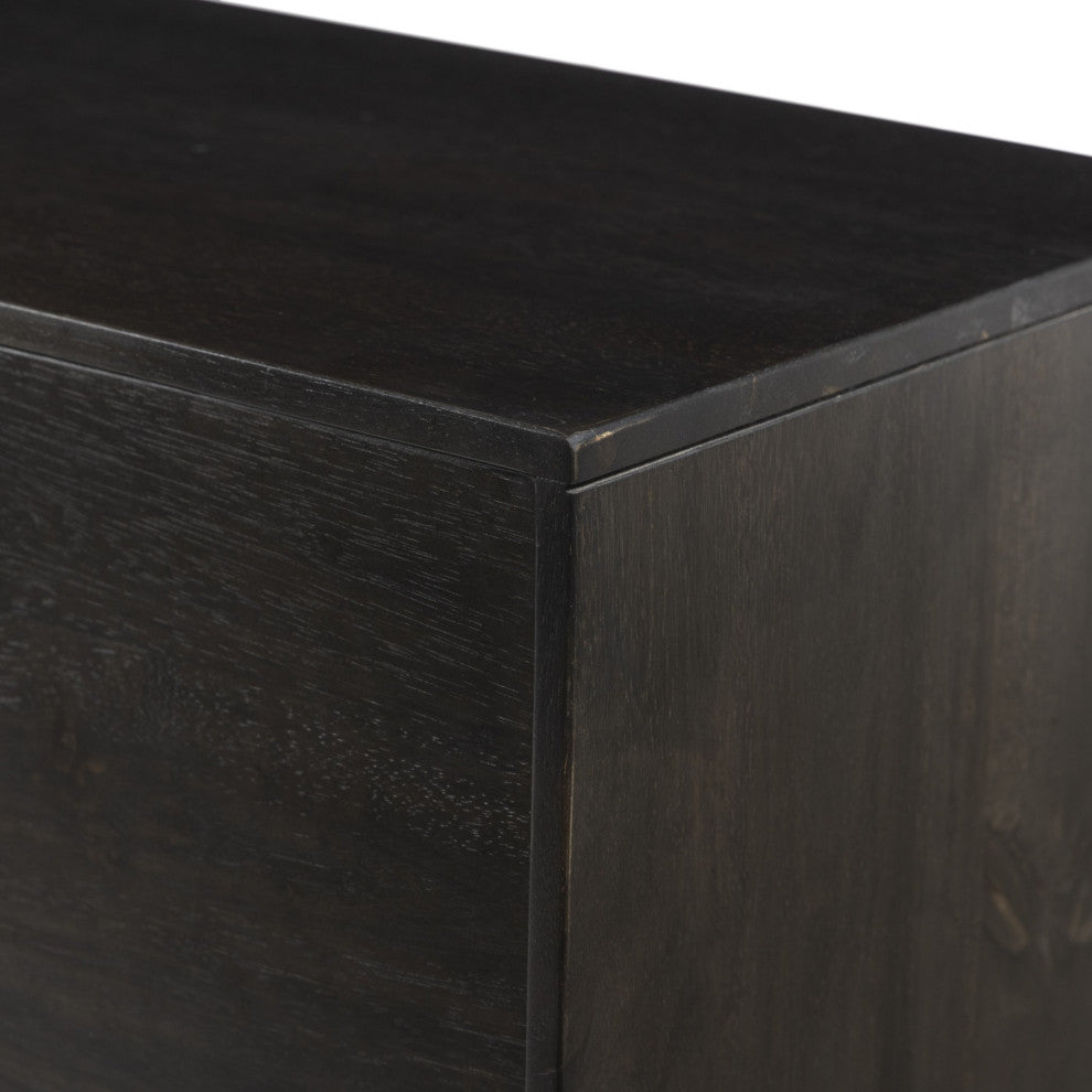 Reza Media Console Worn Black Parawood, Gunmetal Black, Worn Black Acacia