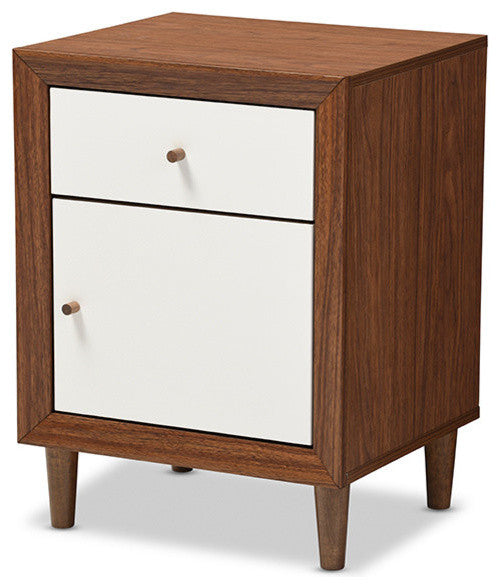 Harlow Mid-Century White and Walnut Wood 1-Drawer/1-Door Nightstand