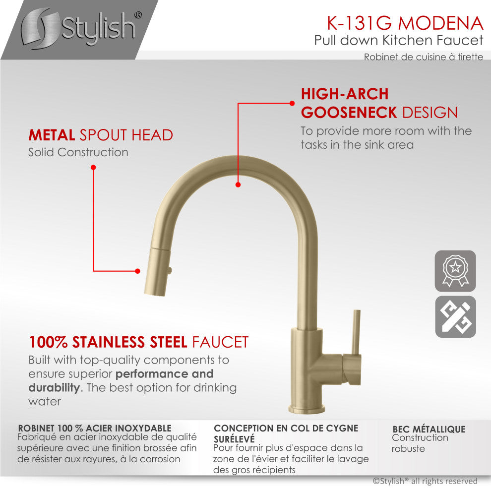 K131GK142G Single Handle Pull Down Kitchen Faucet With Cold Water Tap, Gold