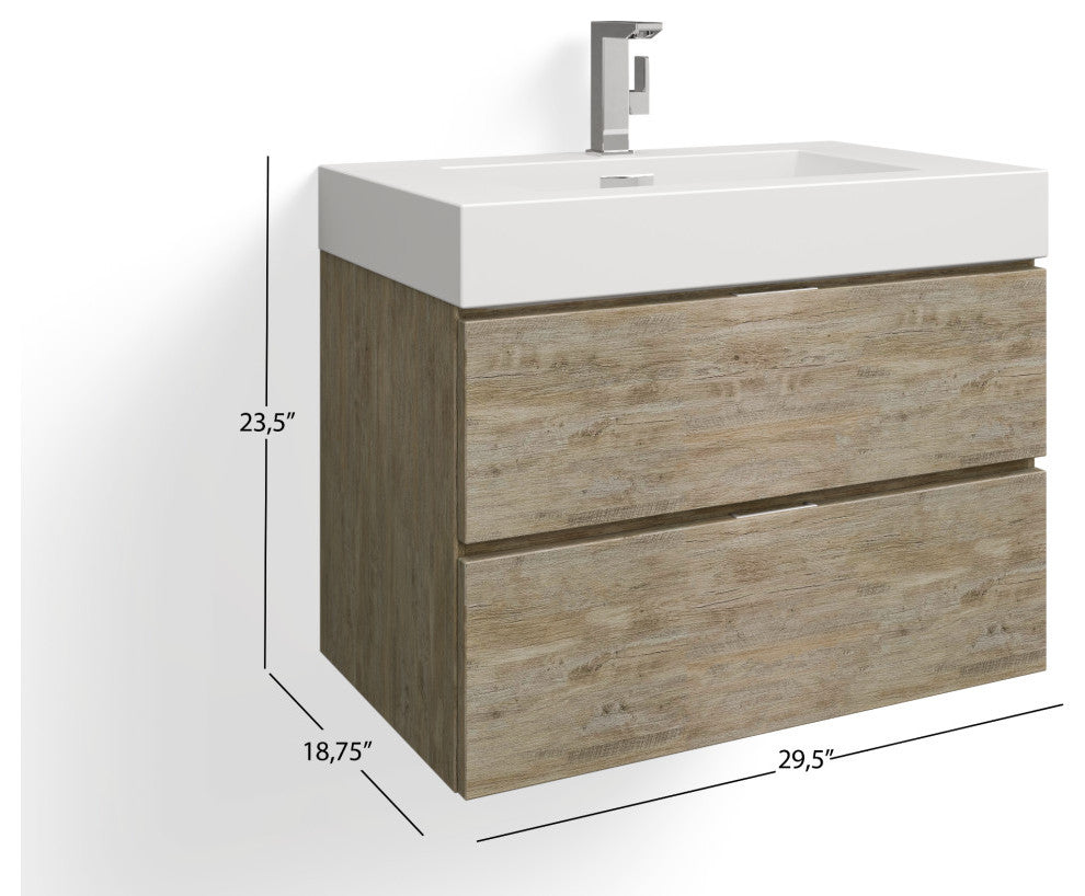 Boutique Bath Vanity, Natural Wood, 30", Single Sink, Wall Mount