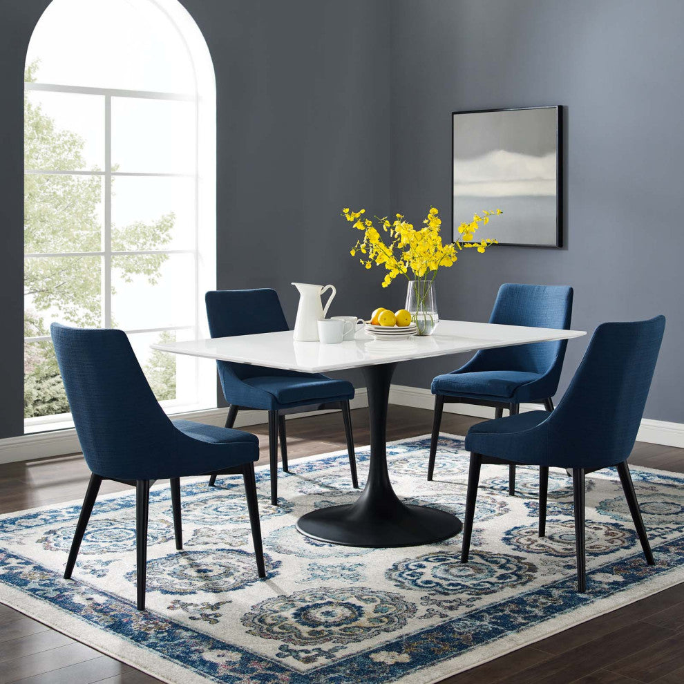 Modern Designer Room Rectangle Dining Table, Wood Metal Steel, Black White