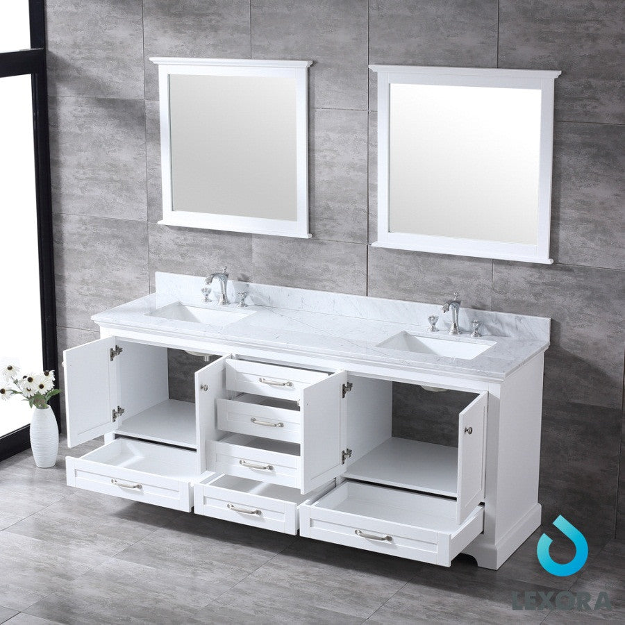 80" White Double Vanity, White Carrara Marble Top, White Sinks and 30" Mirrors