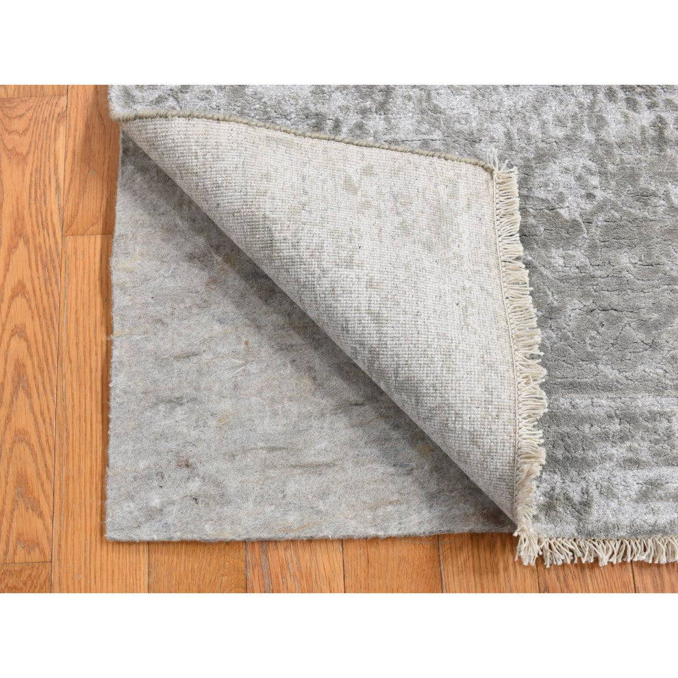 Gray Hand Knotted Wool and Silk Erased Persian Design Runner Rug 2'7" x 6'