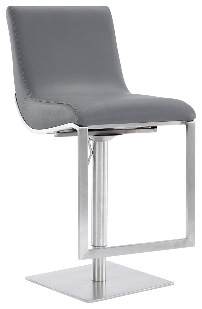 Wezen Swivel Barstool, Gray Faux Leather, Brushed Stainless Steel