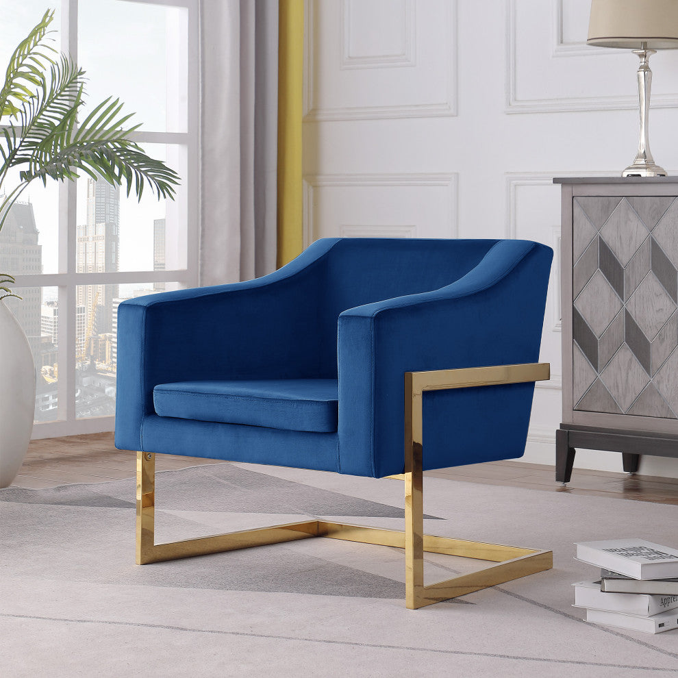 Modern Velvet Club Chair with Gold Legs, Navy Blue