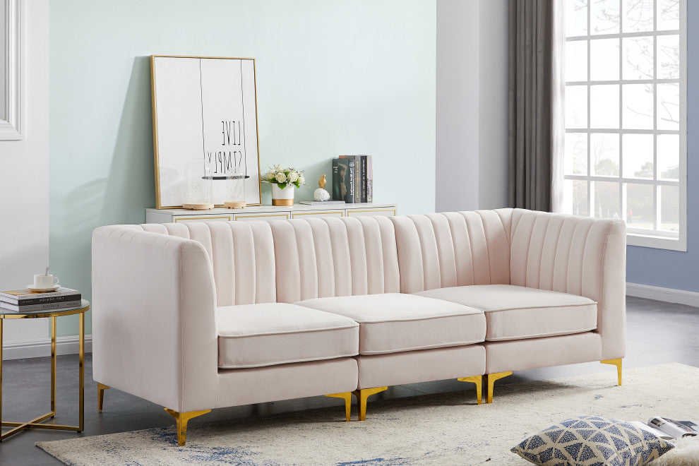 Alina Velvet Upholstered 3-Piece Modular Sectional, Pink