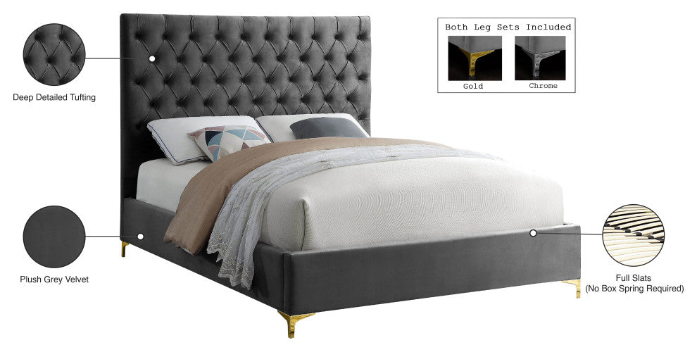 Cruz Velvet Upholstered Bed, Gray, Full