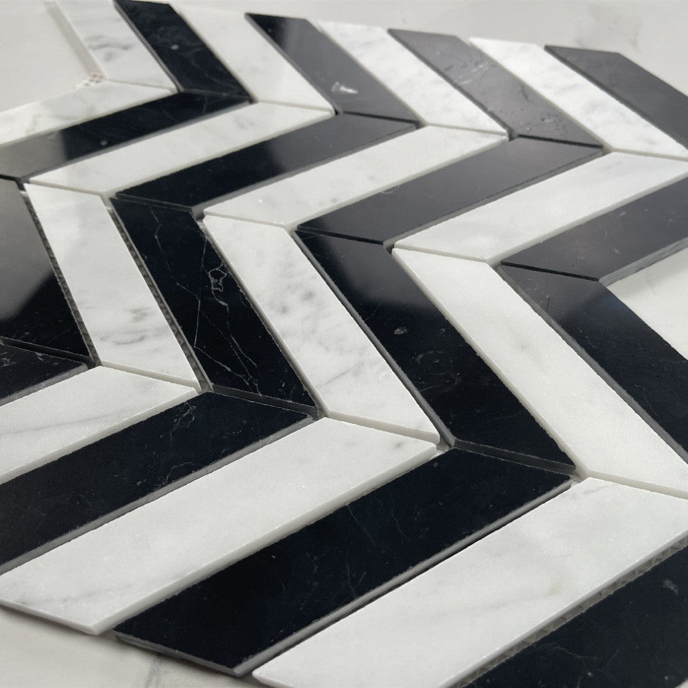 Carrara White & Nero Marquina Marble 1x4 Chevron Mosaic Tile Polished, 1 sheet