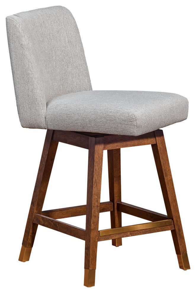 Basila Swivel Counter Stool in Brown Oak Wood Finish with Taupe Fabric