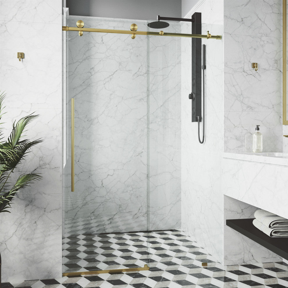 VIGO Elan E-Class 44" to 48" W x 76" H Frameless Sliding Shower Door, Matte Gold, Clear Glass