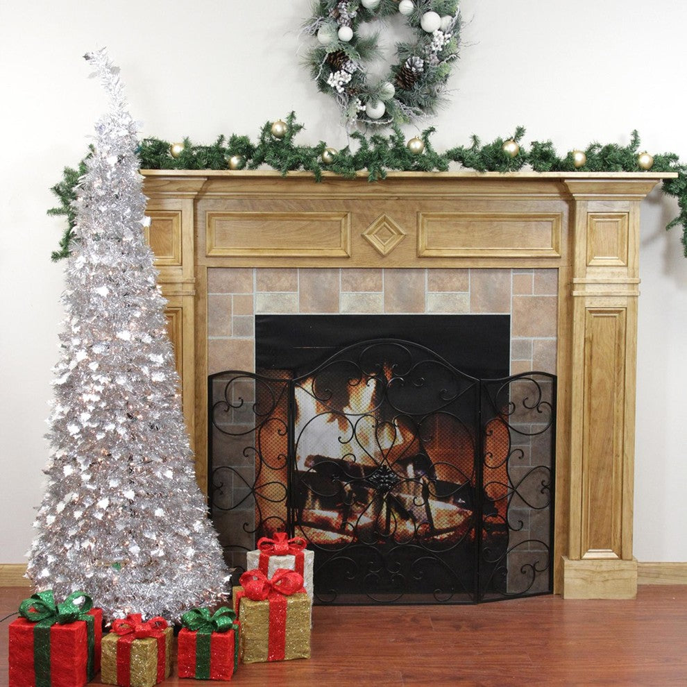 6' Pre-Lit Silver Tinsel Pop-Up Artificial Christmas Tree, Clear Lights