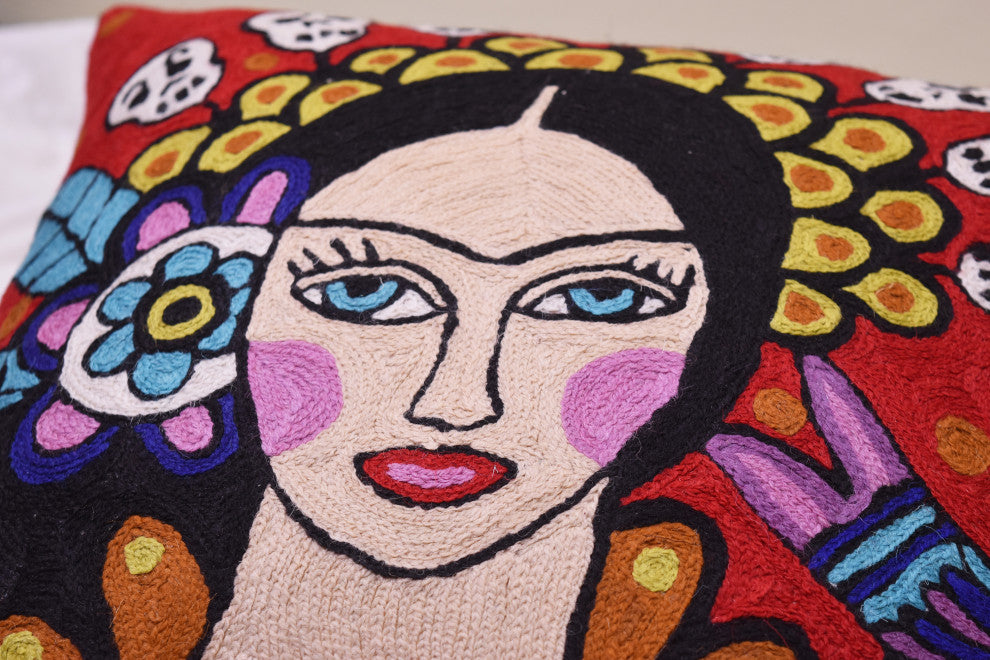 Frida Kahlo Inspired Pillow Cover Red Tiara Hand Embroidered Wool 18x18
