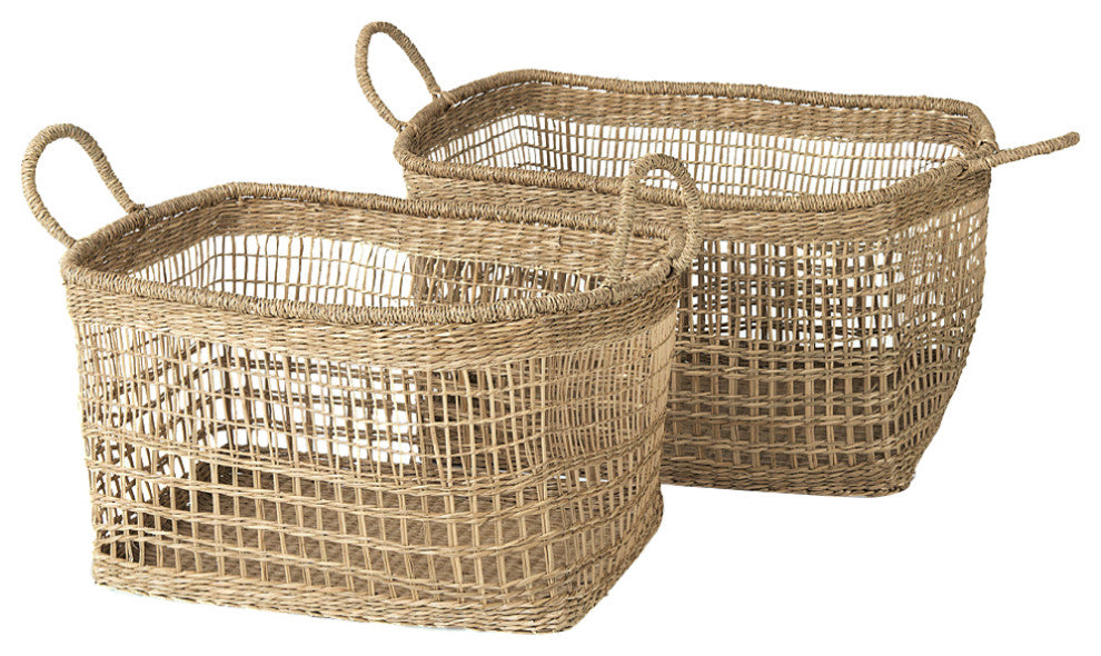 Bellisa Medium Brown Seagrass Rectangular Basket With Handles, 2-Piece Set