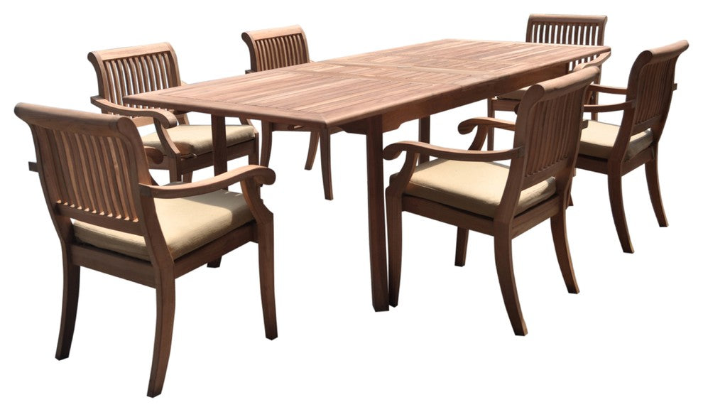 7-Piece Outdoor Teak Dining Set 94" Rectangle Table, 6 Arbor Stacking Arm Chairs