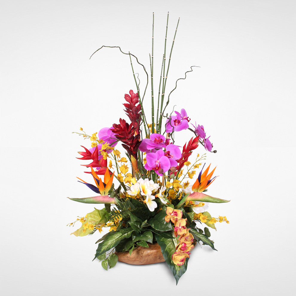 Exotic Tropical Silk Flower Arrangement in Teakwood Bowl