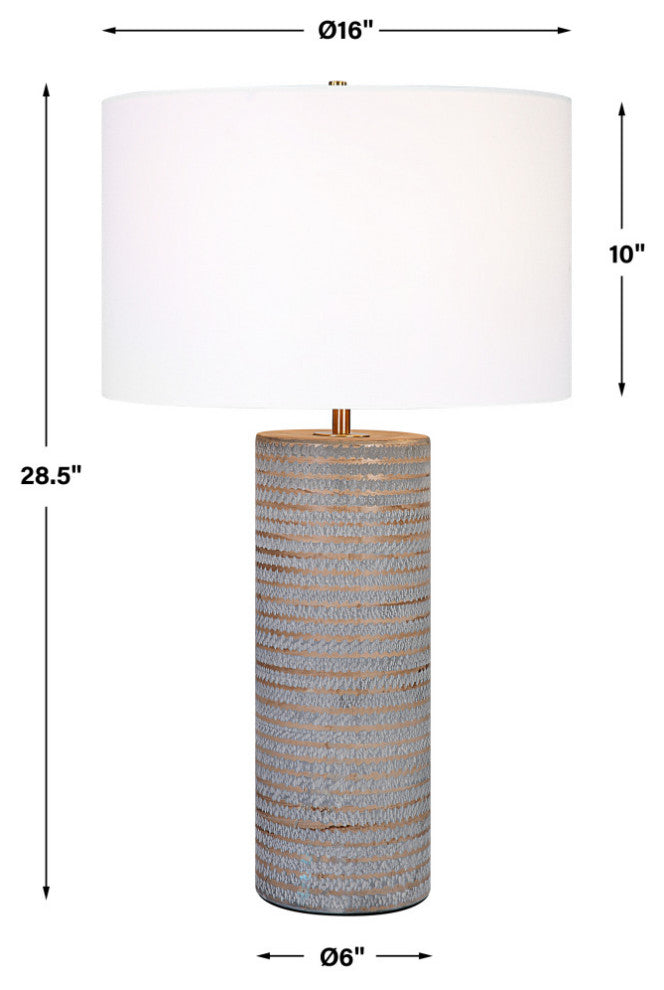 Rustic Chiseled Gray Brown Stripe Cylinder Table Lamp 29in Carved Ceramic Bronze