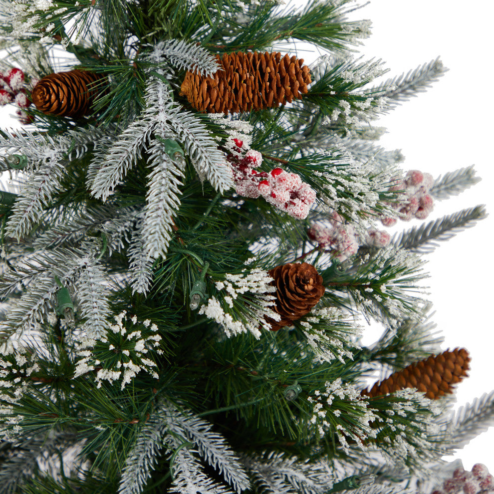4' Frosted Faux Xmas Tree Pre-Lit With 105 lights & Berries, Decorative Planter