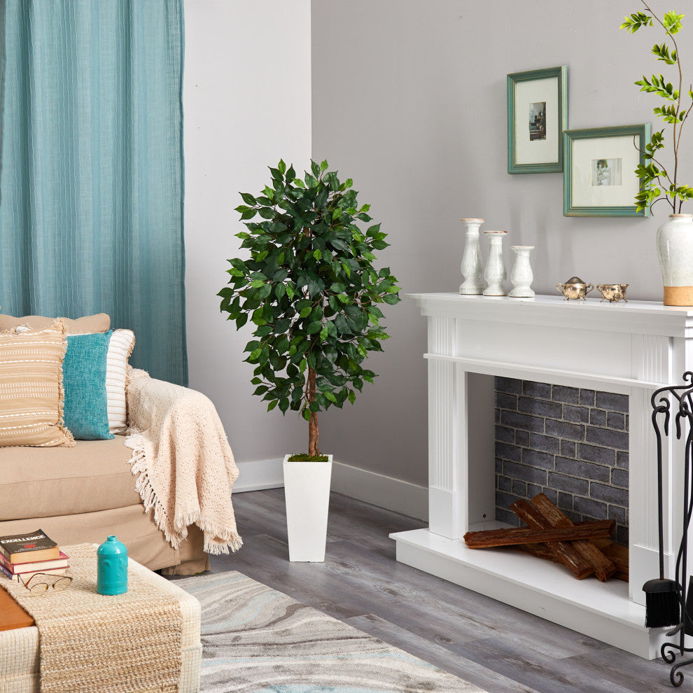Lifestyle image of ficus tree placed in a living room setting near a fireplace.