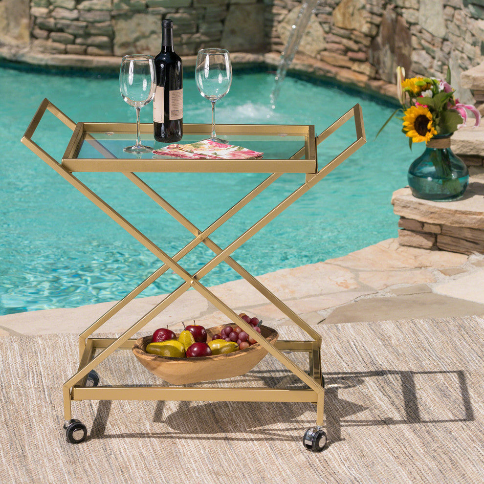 GDF Studio Ishtar Outdoor Powder Coated Iron and Glass Bar Cart, Gold