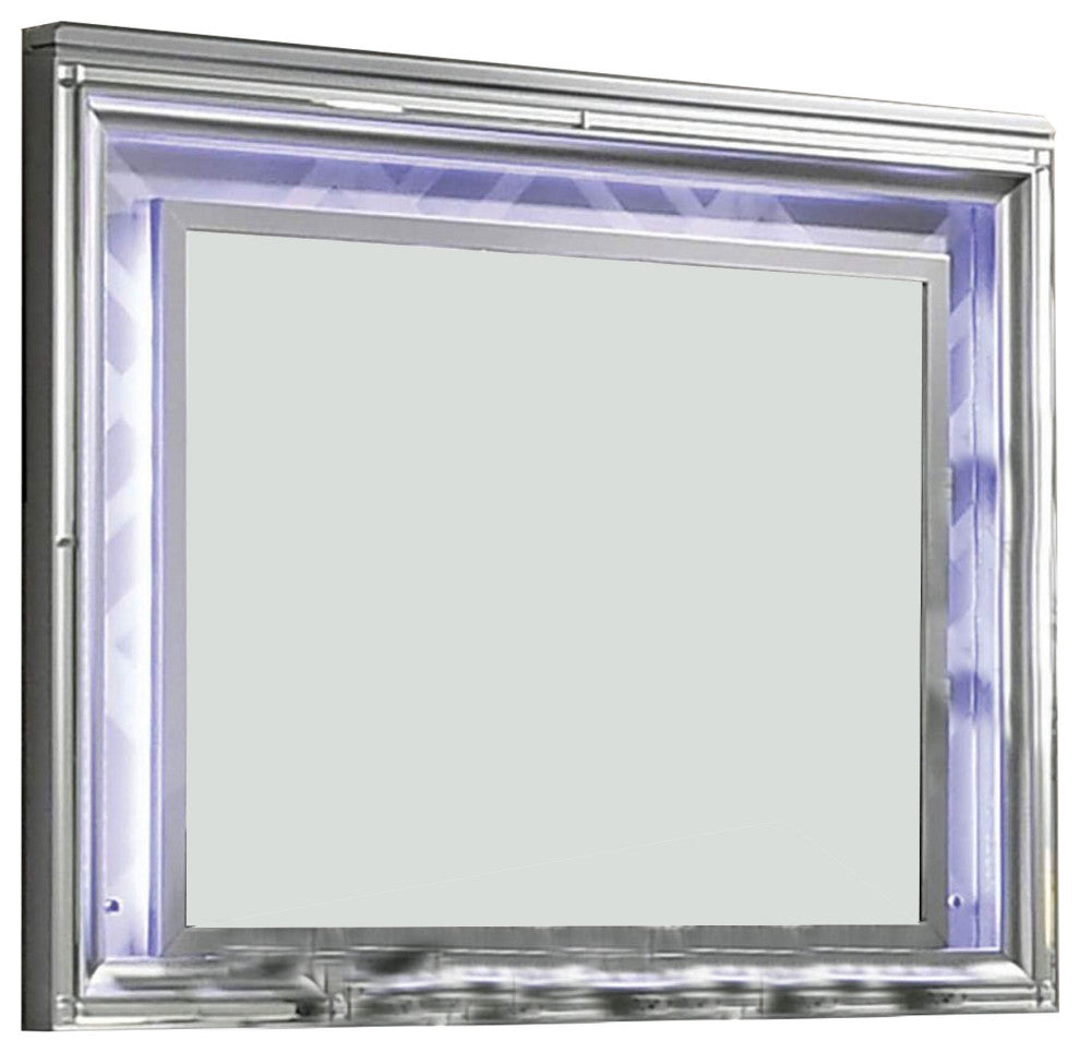 Benzara BM252504 Wall Mirror With LED light and Wooden Frame, Silver