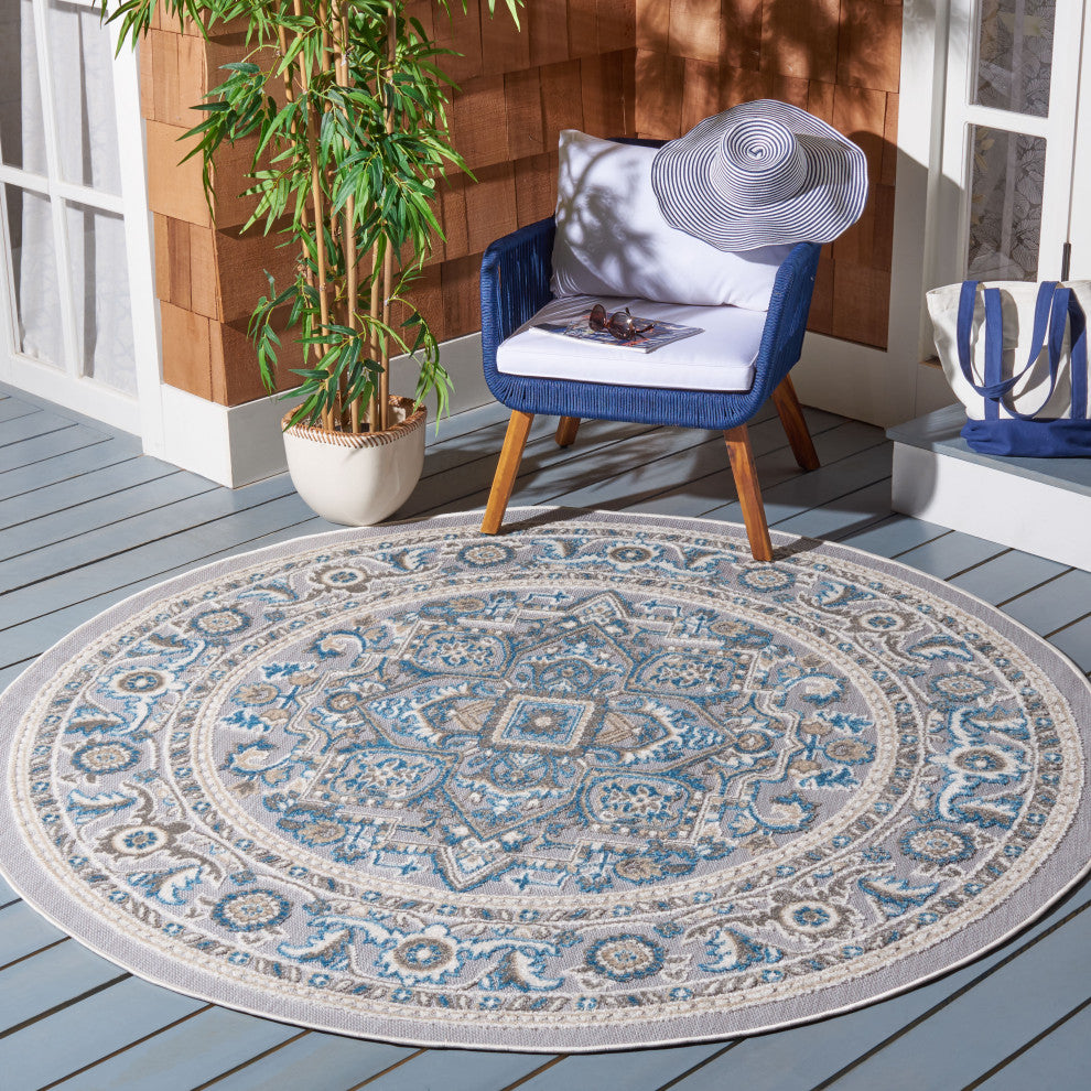Safavieh Indoor-Outdoor Cabana Collection, CBN680 Rug, Navy/Grey, 6'7" Round