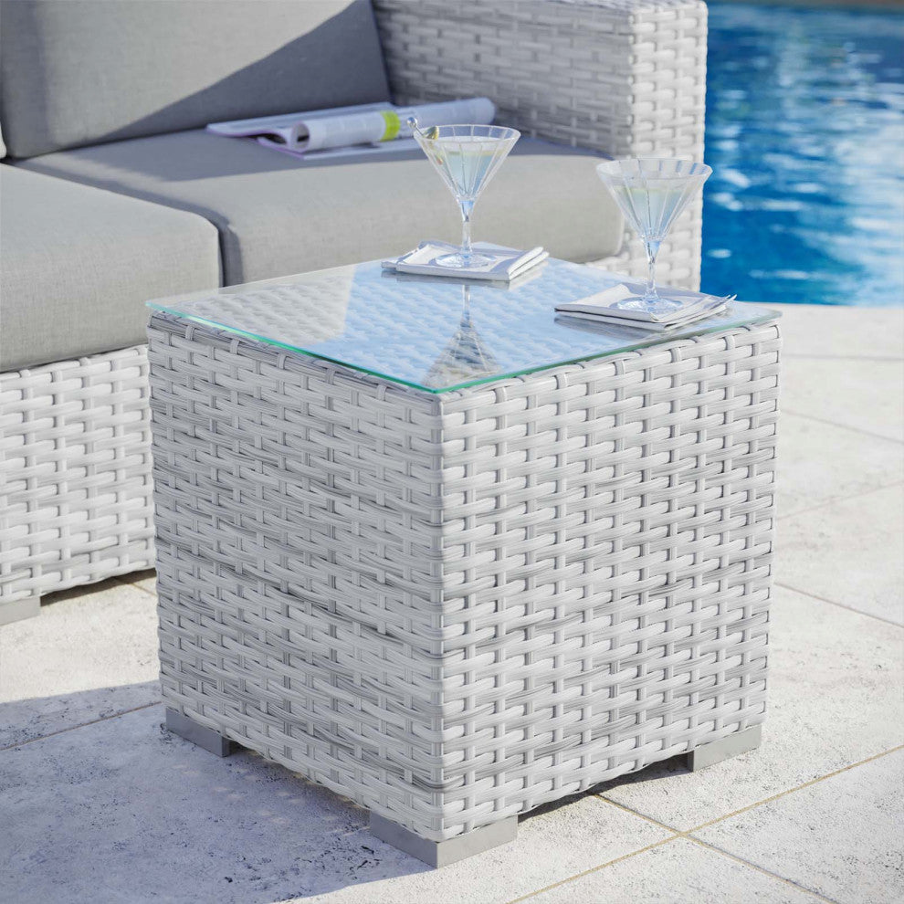 Lounge Side Table, Square, Rattan, Wicker, Gray, Modern, Outdoor Patio Cafe