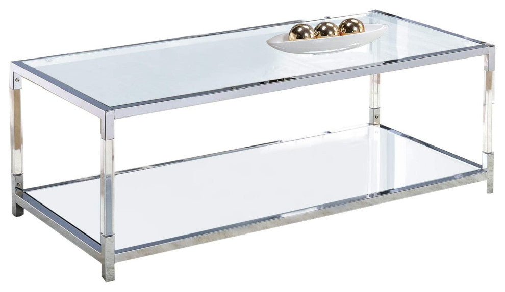 Benzara BM203952 Glass Top Coffee Table with Open Bottom Shelf Silver and Clear