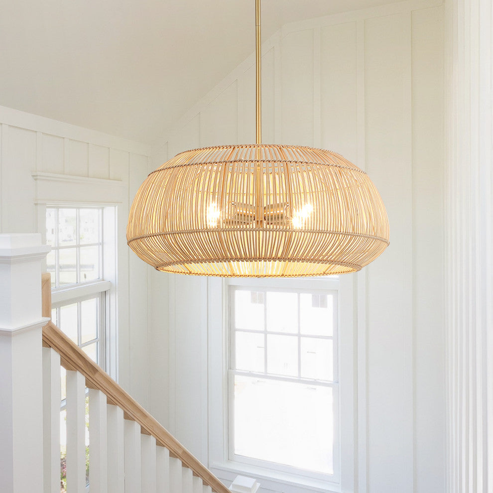 22" W 4 Light Rattan Pendant Chandelier With Brass Canopy