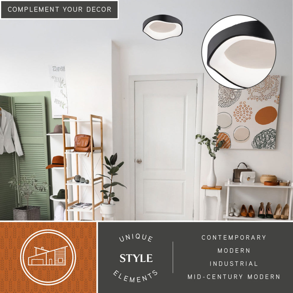 Bowen 1-Light Textured Black Modern Round LED Flush Mount Fixture, White Shade