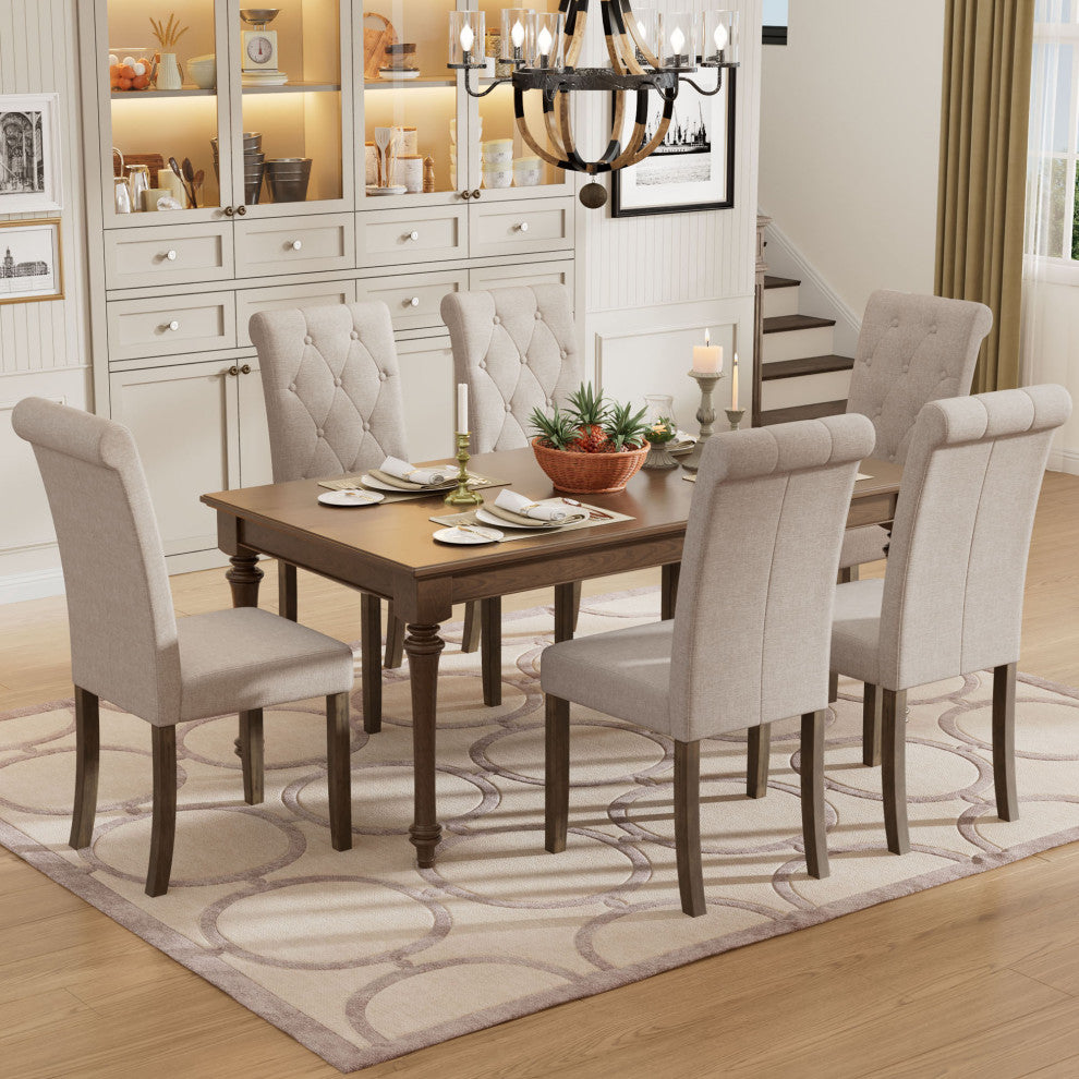 Solid Wood Dining Chair, Set of 2, Beige Tufted, Beige
