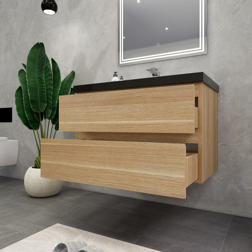 Belli 36" Wall Mounted Single Bathroom Vanity Set, White Oak, Matt Black Top