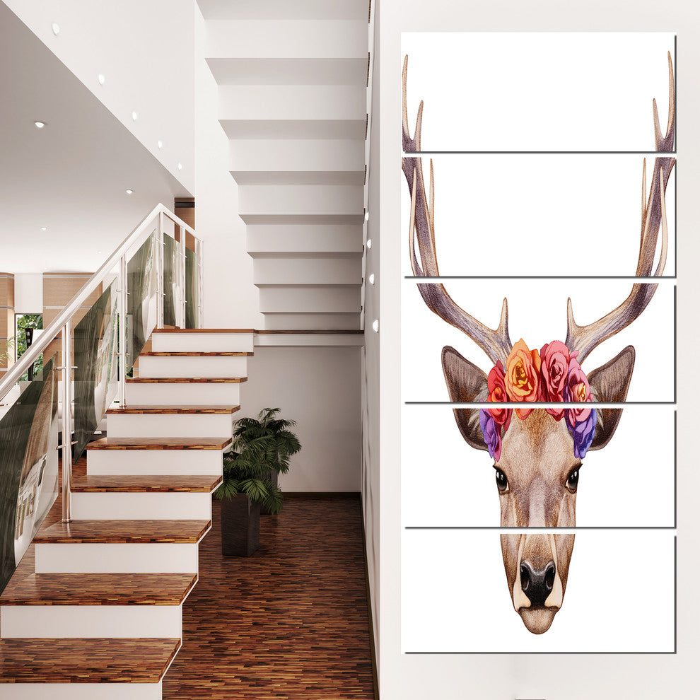 "Deer Portrait With Floral Head" Wall Art, 5-Panels, 28"x60"