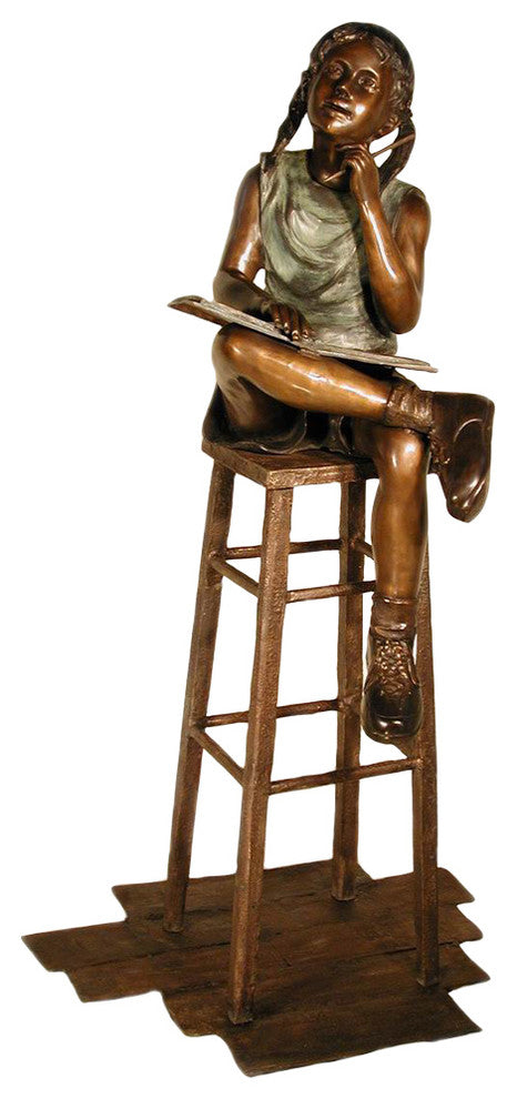 Girl on a Stool Reading and Reflecting Sculpture