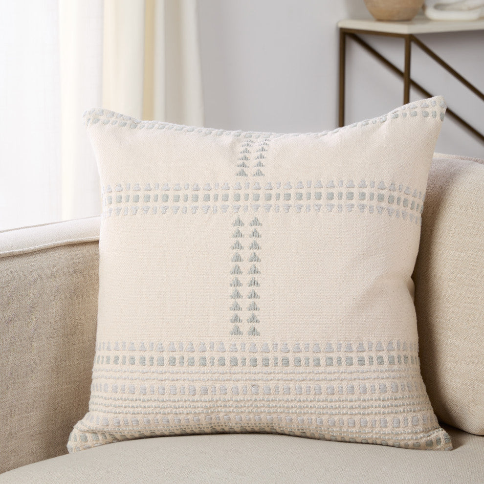 Aryn Striped Cream/ Light Blue Pillow 22" Square, Down Fill