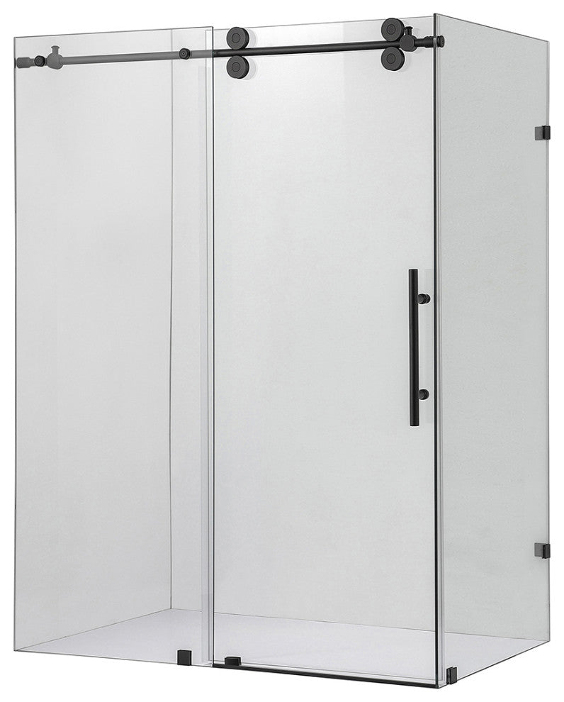 Villena Rectangle Single Sliding Frameless Shower Enclosure, Matte Black, 56"