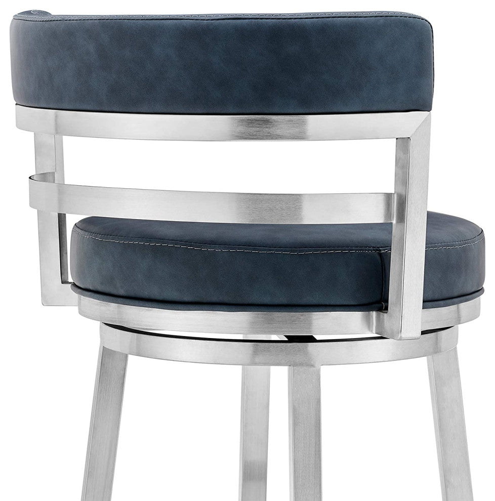 Counter Stool, Brushed Stainless Steel Finished Frame and Blue Faux Leather Seat
