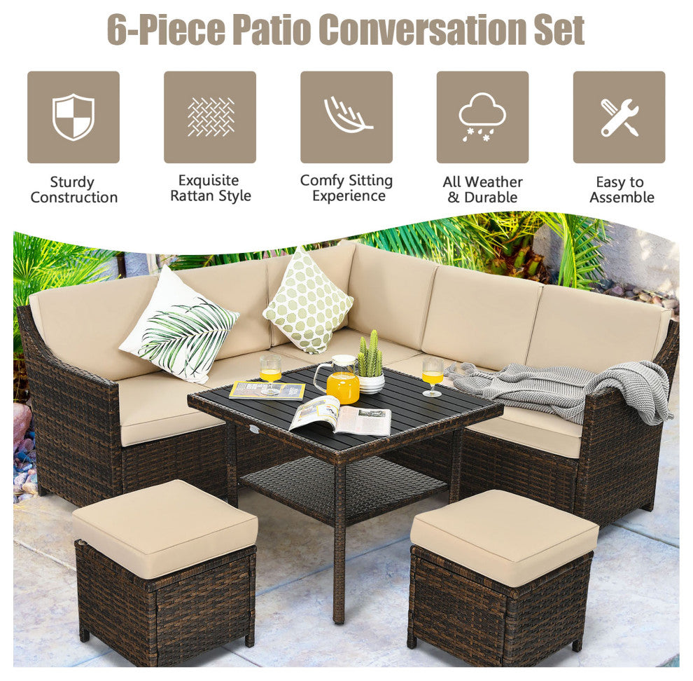 Costway 6PCS Patio Rattan Dining Sofa Furniture Set Ottoman Table Lower Shelf