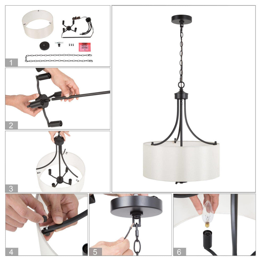 LNC 4-Light Matte Finish Modern Fabric Shade Chandelier, Black