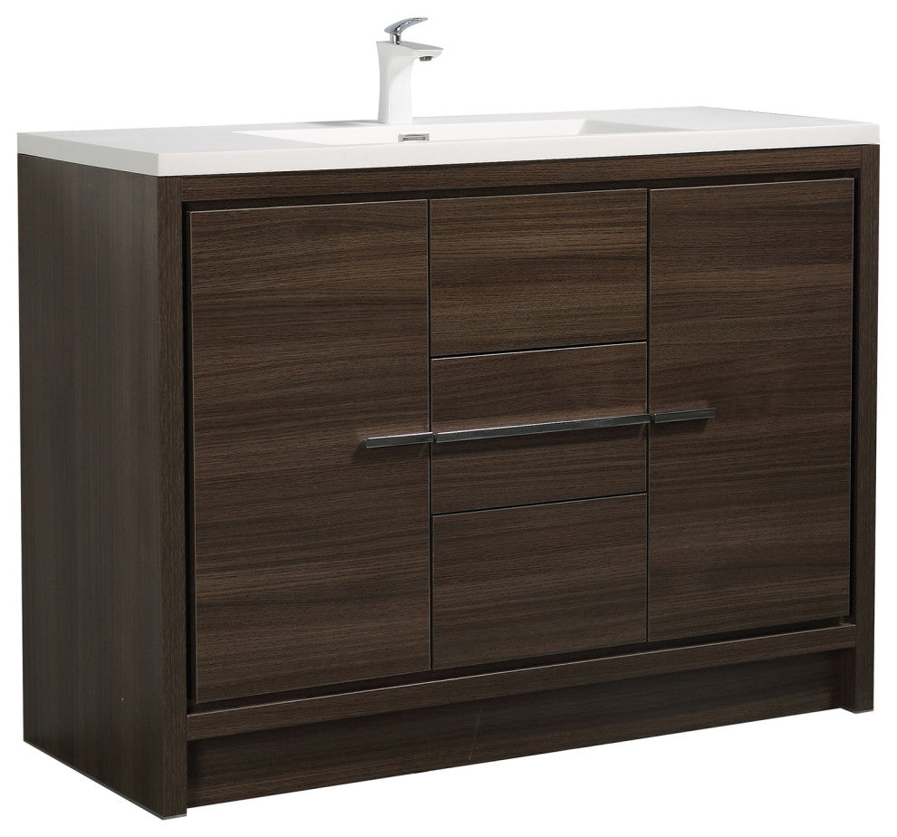 Freestanding Bath Vanity Set, Grey Oak, Integrated Solid Surface Sink, 48"
