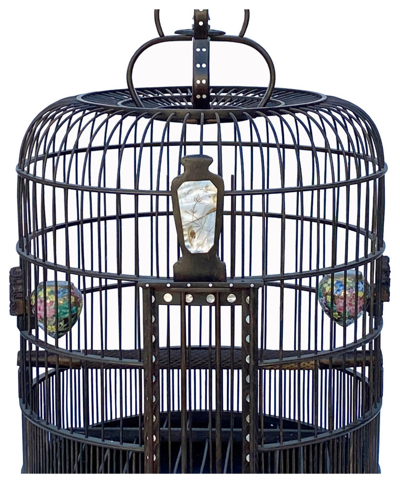 Chinese Tan Rosewood Mother of Pearl Inlay Round Collectable Birdcage Hcs7323