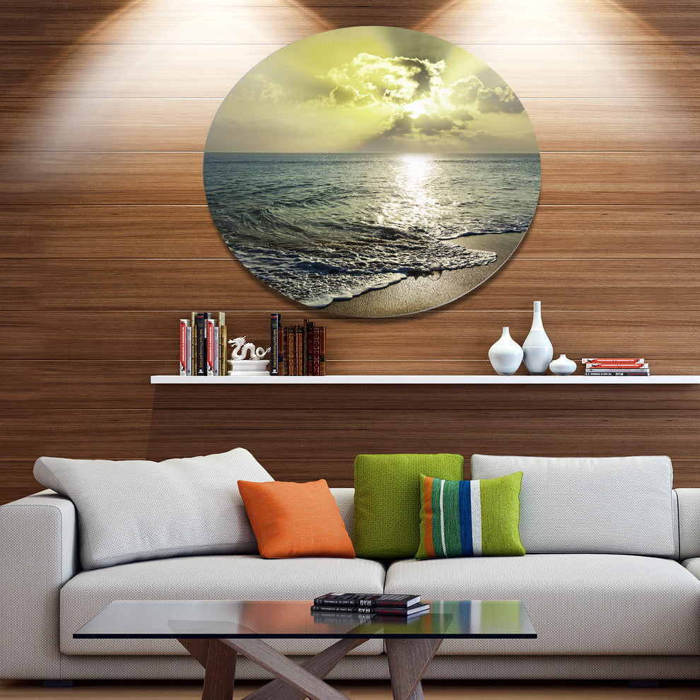Tranquil Waves Under Beautiful Clouds, Seashore Disc Metal Artwork, 23"
